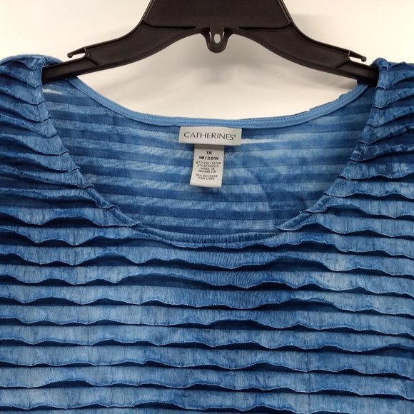 CATHERINES Blouse 1X 18-20W Plus Blue Chinelle Scoop Neck 3/4 Sleeve - Picture 2 of 11